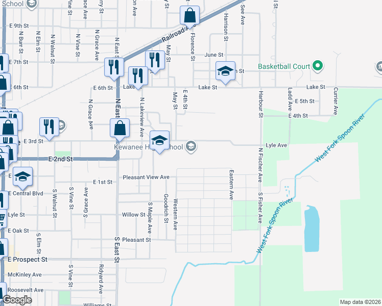 map of restaurants, bars, coffee shops, grocery stores, and more near 1211 East 3rd Street in Kewanee