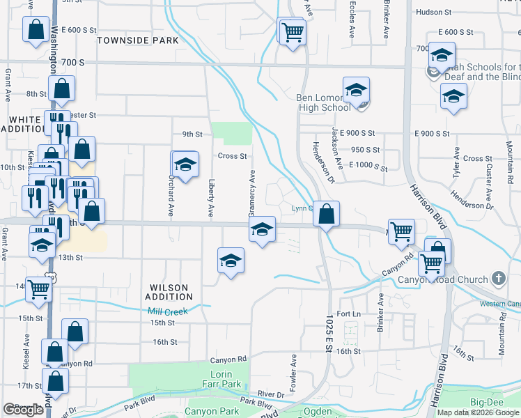 map of restaurants, bars, coffee shops, grocery stores, and more near 1114 Gramercy Avenue in Ogden