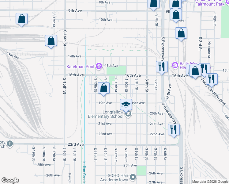 map of restaurants, bars, coffee shops, grocery stores, and more near 1710 South 11th Street in Council Bluffs