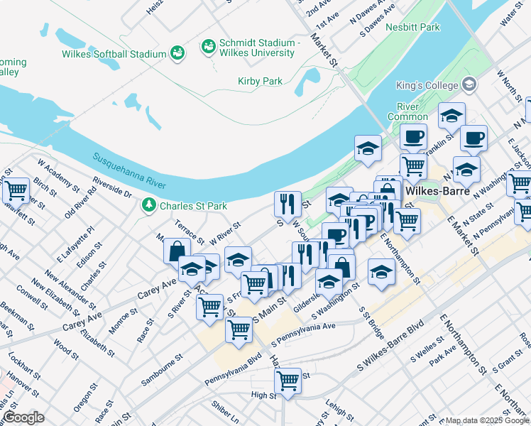 map of restaurants, bars, coffee shops, grocery stores, and more near 1-71 W River St in Wilkes-Barre