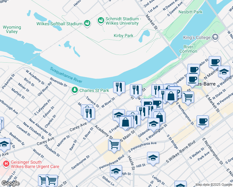 map of restaurants, bars, coffee shops, grocery stores, and more near 40 West River Street in Wilkes-Barre