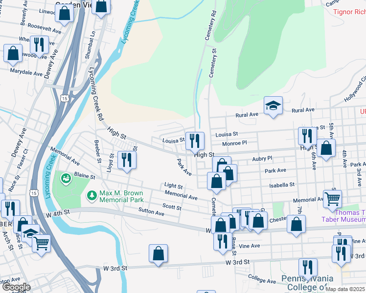 map of restaurants, bars, coffee shops, grocery stores, and more near 1510 Louisa Street in Williamsport
