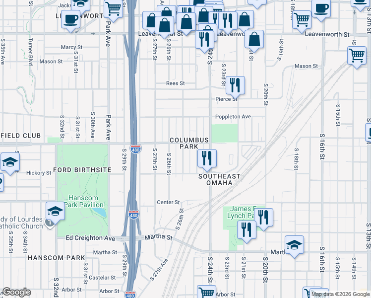 map of restaurants, bars, coffee shops, grocery stores, and more near 2518 Woolworth Avenue in Omaha