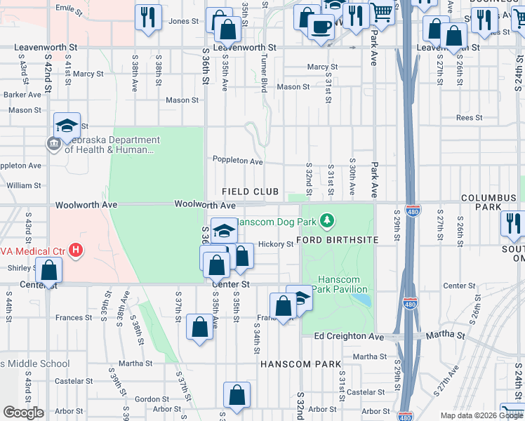 map of restaurants, bars, coffee shops, grocery stores, and more near 3322 Woolworth Avenue in Omaha