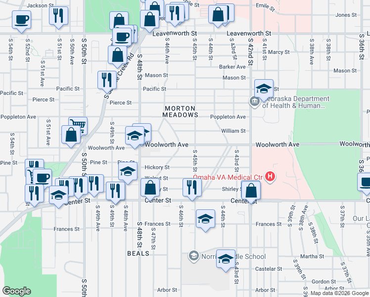 map of restaurants, bars, coffee shops, grocery stores, and more near 4528 Woolworth Avenue in Omaha