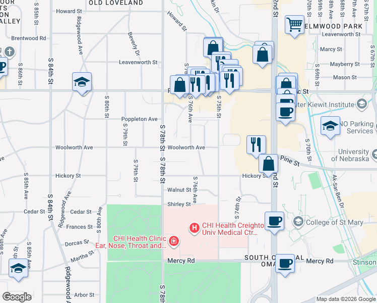 map of restaurants, bars, coffee shops, grocery stores, and more near 1425 Marbee Drive in Omaha