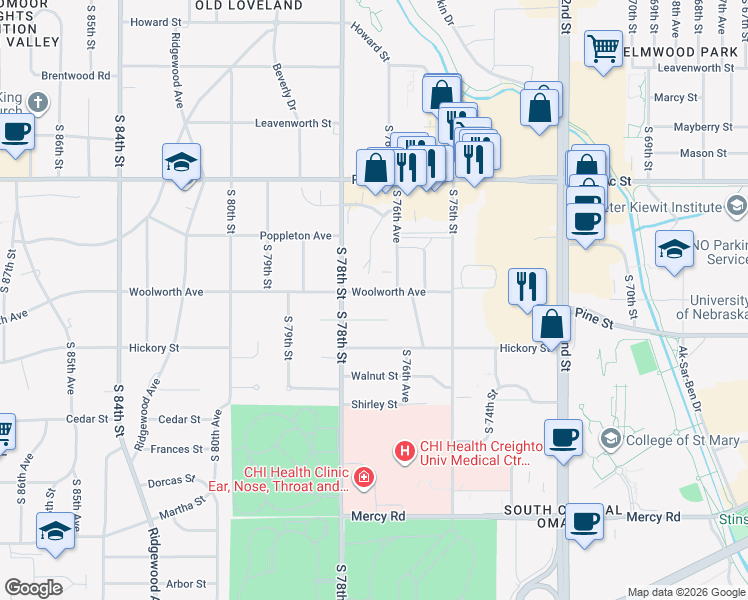 map of restaurants, bars, coffee shops, grocery stores, and more near 1425 Marbee Drive in Omaha