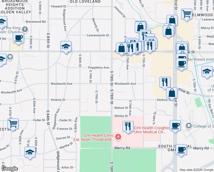 map of restaurants, bars, coffee shops, grocery stores, and more near 1331 South 78th Avenue in Omaha