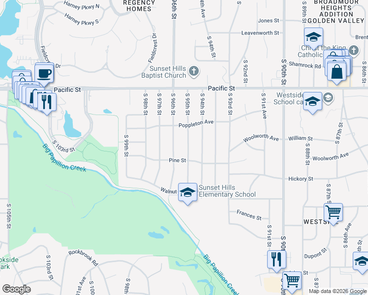 map of restaurants, bars, coffee shops, grocery stores, and more near 1322 South 95th Street in Omaha