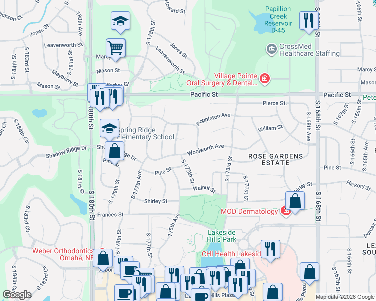 map of restaurants, bars, coffee shops, grocery stores, and more near 1404 South 174th Street in Omaha