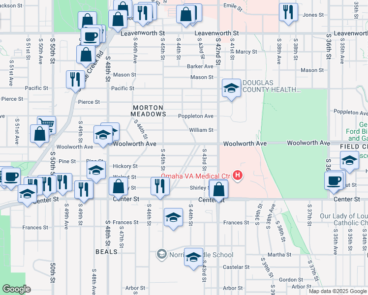 map of restaurants, bars, coffee shops, grocery stores, and more near 4428 Woolworth Avenue in Omaha