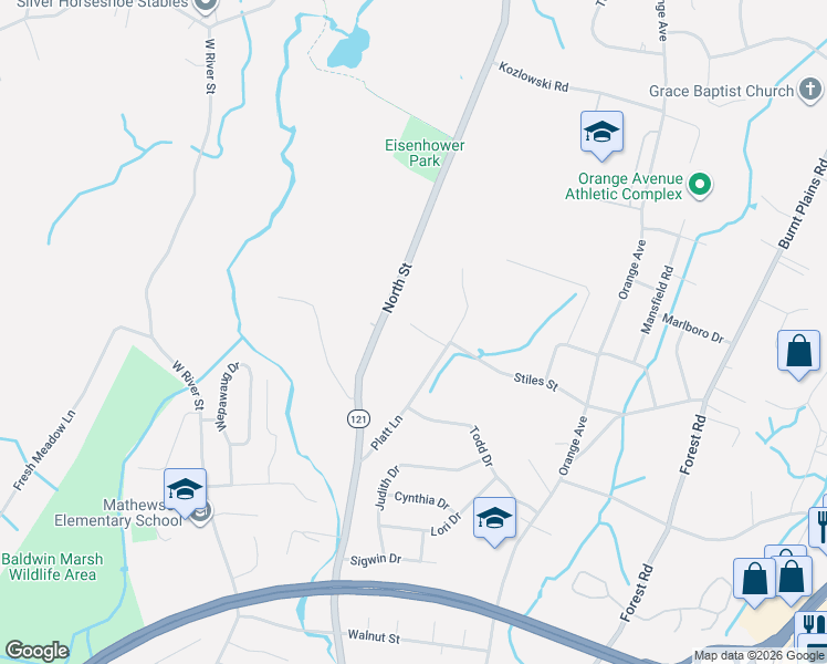 map of restaurants, bars, coffee shops, grocery stores, and more near 593 North Street in Milford