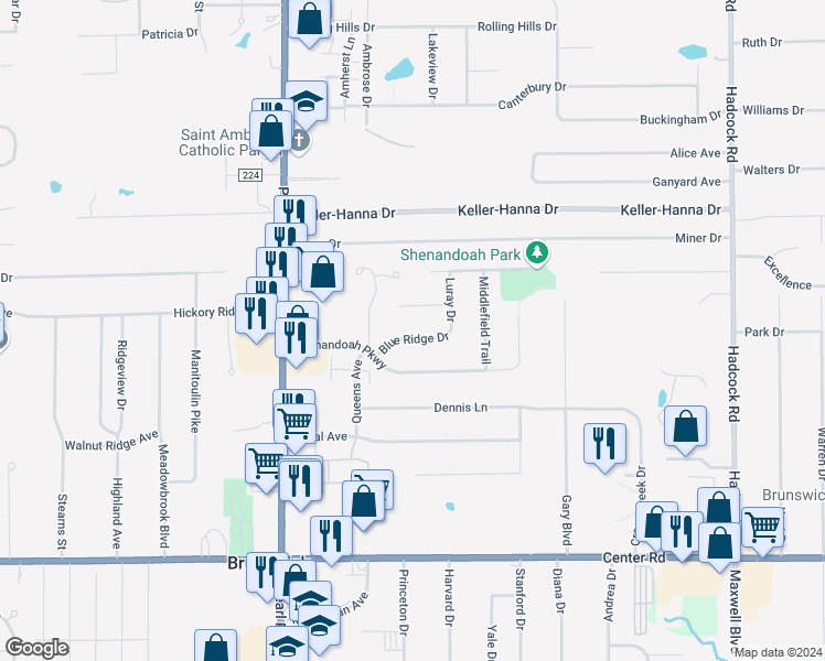 map of restaurants, bars, coffee shops, grocery stores, and more near 4165 Blue Ridge Drive in Brunswick
