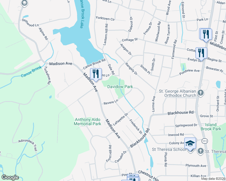 map of restaurants, bars, coffee shops, grocery stores, and more near 68 Frederick Street in Trumbull