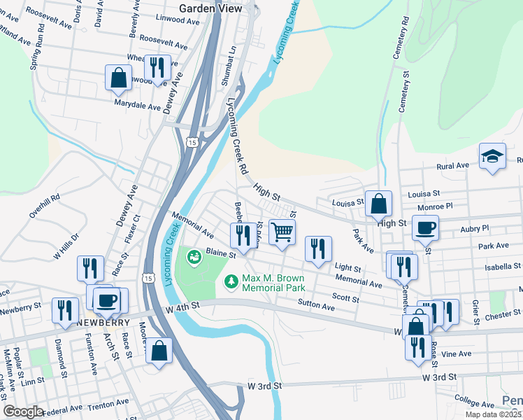 map of restaurants, bars, coffee shops, grocery stores, and more near 1101 Terrace Place in Williamsport