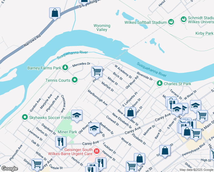 map of restaurants, bars, coffee shops, grocery stores, and more near 66 Miner Street in Wilkes-Barre