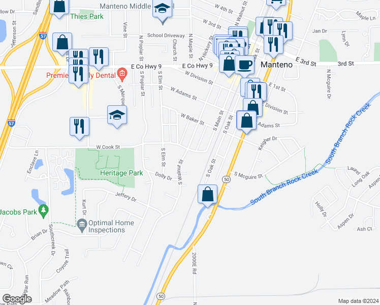 map of restaurants, bars, coffee shops, grocery stores, and more near 100 West Cook Street in Manteno