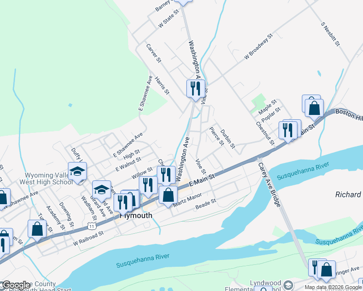 map of restaurants, bars, coffee shops, grocery stores, and more near 111 Washington Ave in Plymouth