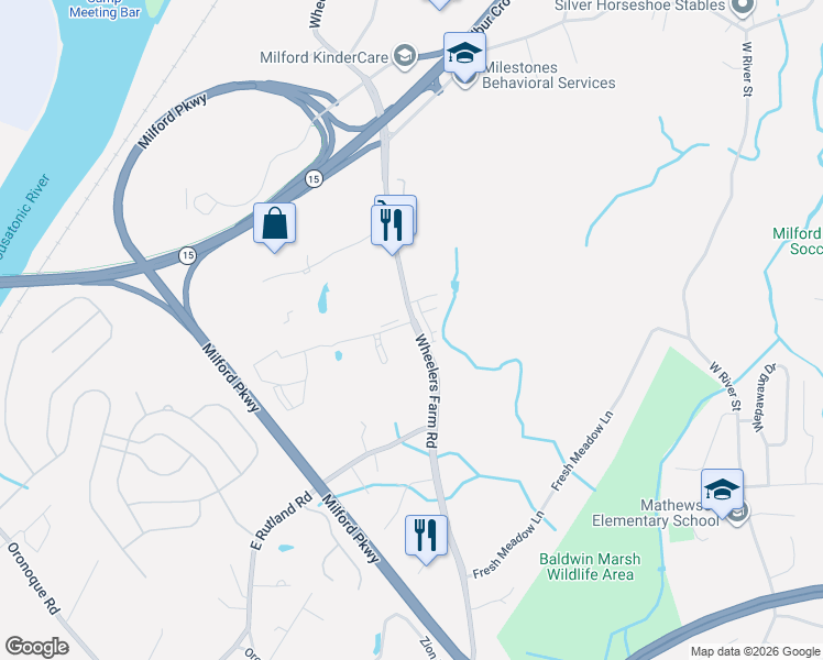 map of restaurants, bars, coffee shops, grocery stores, and more near 372 Wheelers Farm Road in Milford