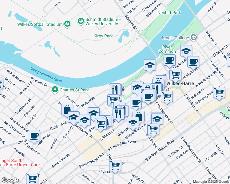 map of restaurants, bars, coffee shops, grocery stores, and more near 1-71 W River St in Wilkes-Barre