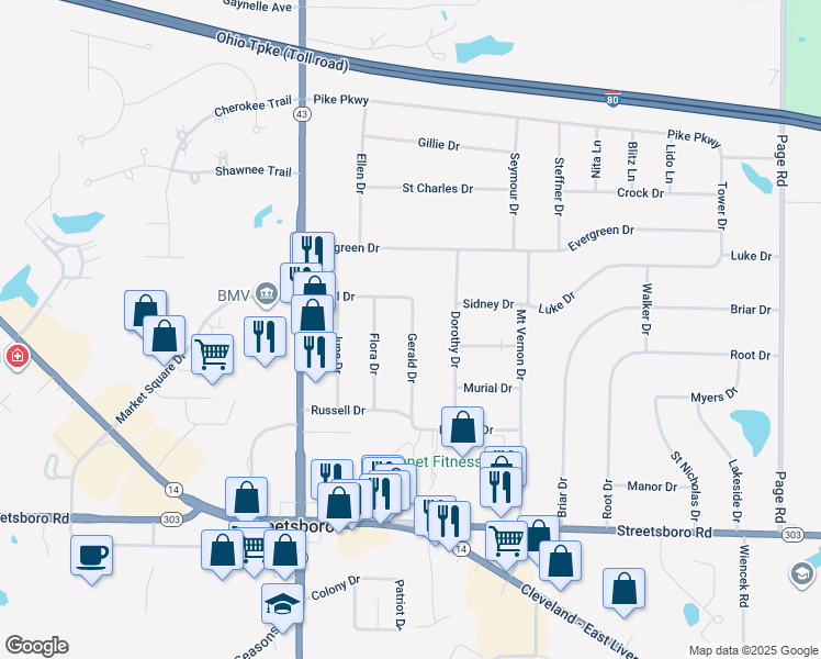 map of restaurants, bars, coffee shops, grocery stores, and more near 9352 Gerald Drive in Streetsboro