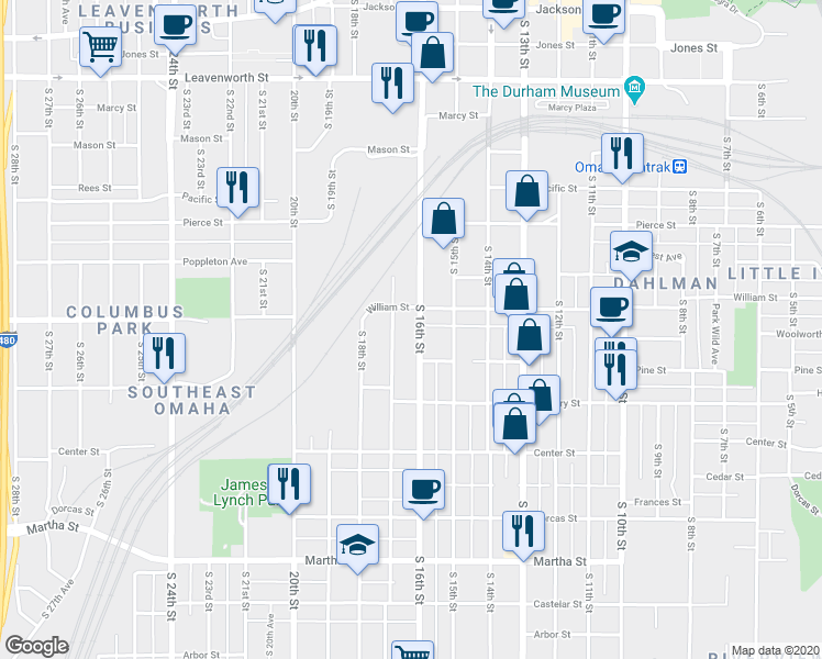 map of restaurants, bars, coffee shops, grocery stores, and more near 1401 South 16th Street in Omaha