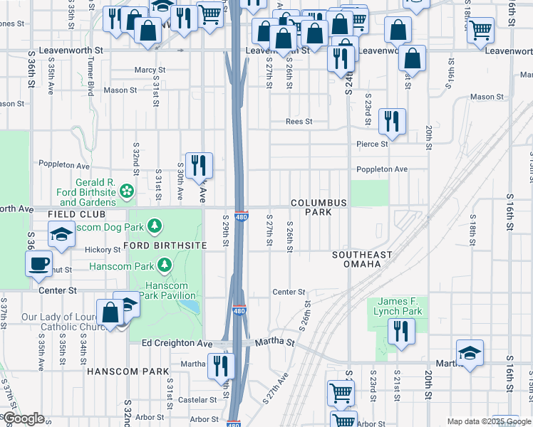 map of restaurants, bars, coffee shops, grocery stores, and more near 1342 South 27th Street in Omaha