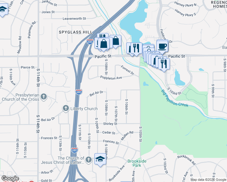 map of restaurants, bars, coffee shops, grocery stores, and more near 1425 South 108th Street in Omaha