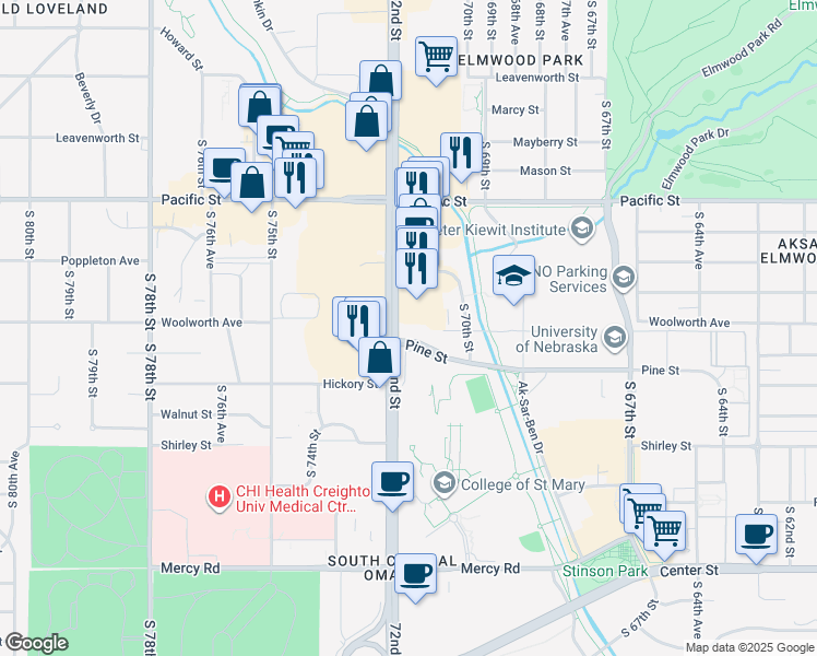 map of restaurants, bars, coffee shops, grocery stores, and more near 1505 South 72nd Street in Omaha