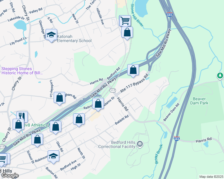 map of restaurants, bars, coffee shops, grocery stores, and more near 190 Harris Road in Bedford Hills