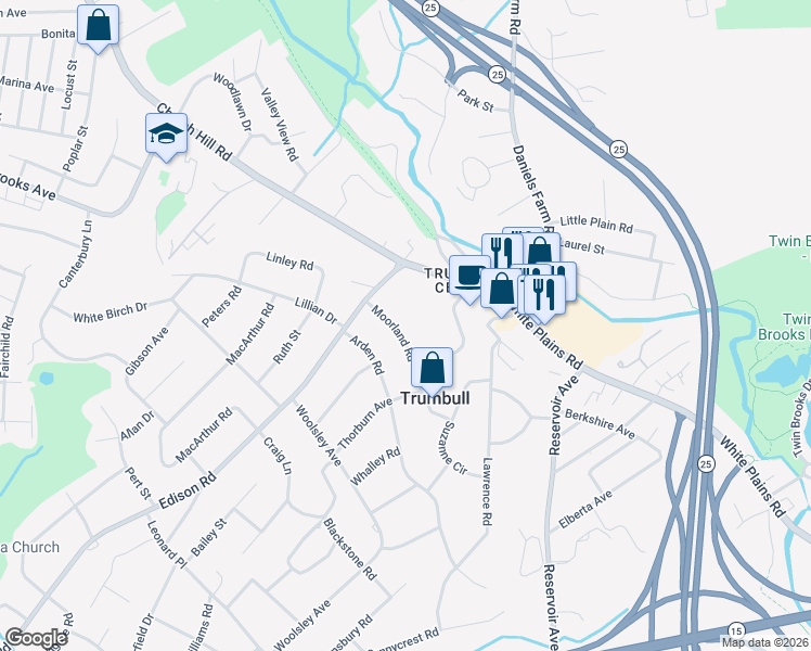 map of restaurants, bars, coffee shops, grocery stores, and more near 25 Moorland Road in Trumbull