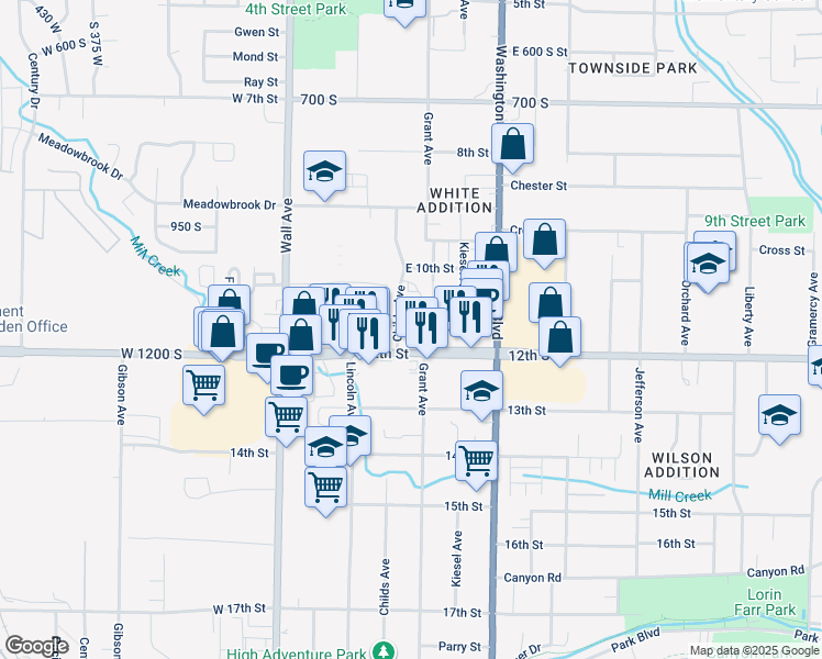 map of restaurants, bars, coffee shops, grocery stores, and more near 1001-1199 Childs Ave in Ogden