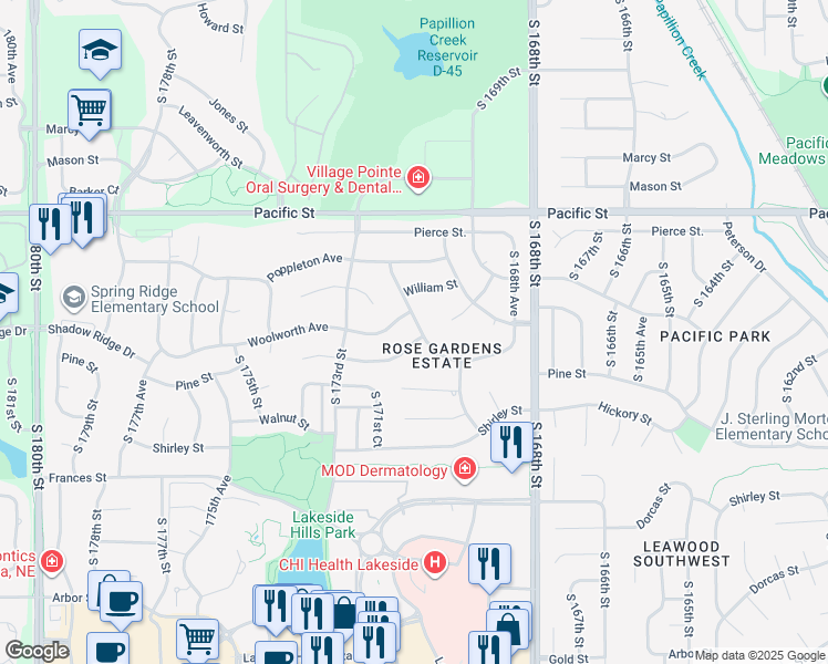 map of restaurants, bars, coffee shops, grocery stores, and more near 1505 South 172nd Street in Omaha