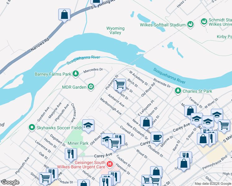 map of restaurants, bars, coffee shops, grocery stores, and more near 82 Maffett Street in Wilkes-Barre