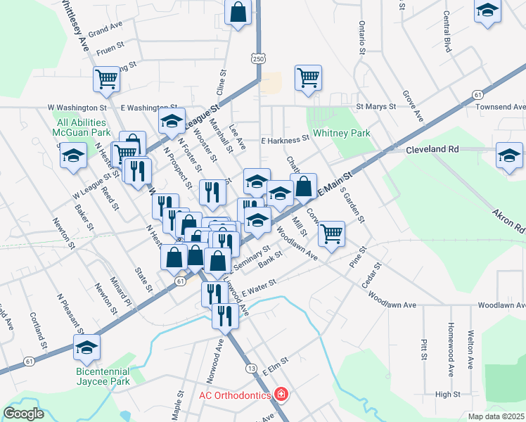 map of restaurants, bars, coffee shops, grocery stores, and more near 93 East Main Street in Norwalk