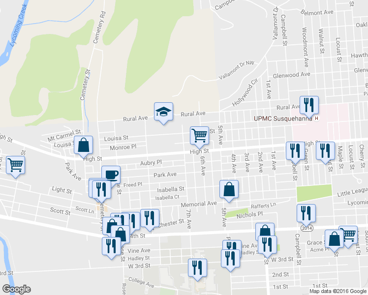 map of restaurants, bars, coffee shops, grocery stores, and more near 724 7th Avenue in Williamsport