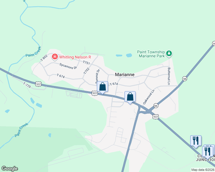 map of restaurants, bars, coffee shops, grocery stores, and more near 321 Ridgewood Rd in Shippenville