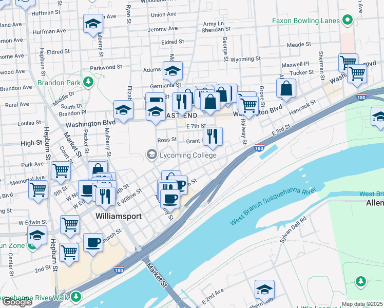 map of restaurants, bars, coffee shops, grocery stores, and more near 477 East Willow Street in Williamsport
