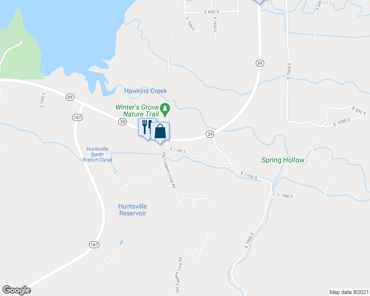 map of restaurants, bars, coffee shops, grocery stores, and more near 7568 East 900 South in Huntsville