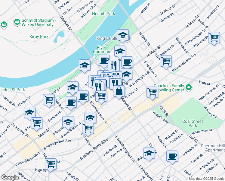 map of restaurants, bars, coffee shops, grocery stores, and more near in Wilkes-Barre