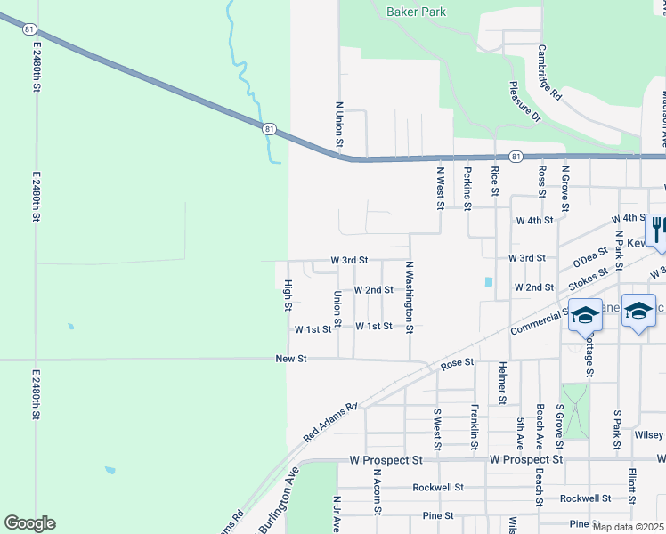 map of restaurants, bars, coffee shops, grocery stores, and more near 1701-1707 West 3rd Street in Kewanee