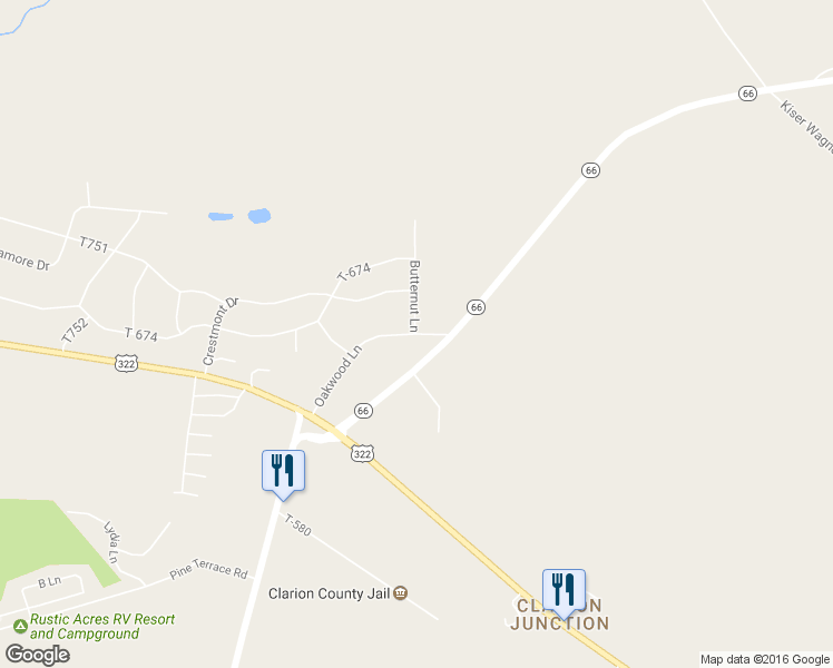 map of restaurants, bars, coffee shops, grocery stores, and more near 133 Oakwood Lane in Shippenville