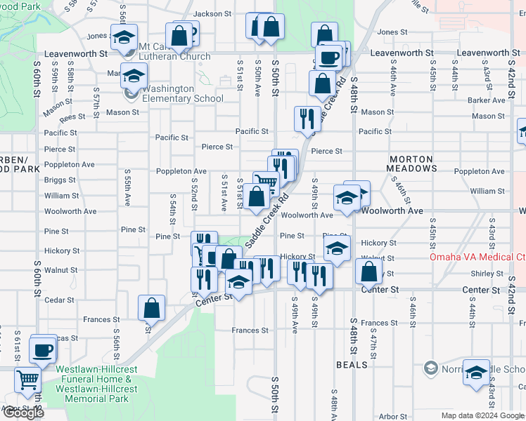 map of restaurants, bars, coffee shops, grocery stores, and more near 5016 Woolworth Avenue in Omaha