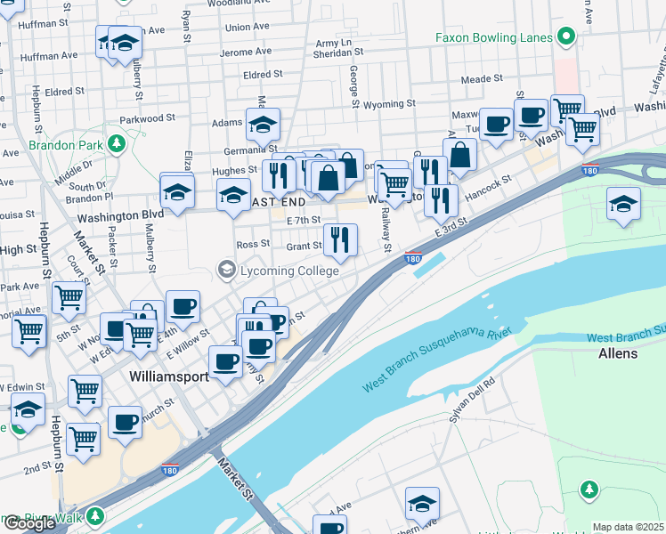 map of restaurants, bars, coffee shops, grocery stores, and more near 477 East Willow Street in Williamsport