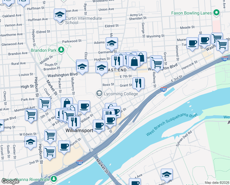 map of restaurants, bars, coffee shops, grocery stores, and more near 741 East 4th Street in Williamsport