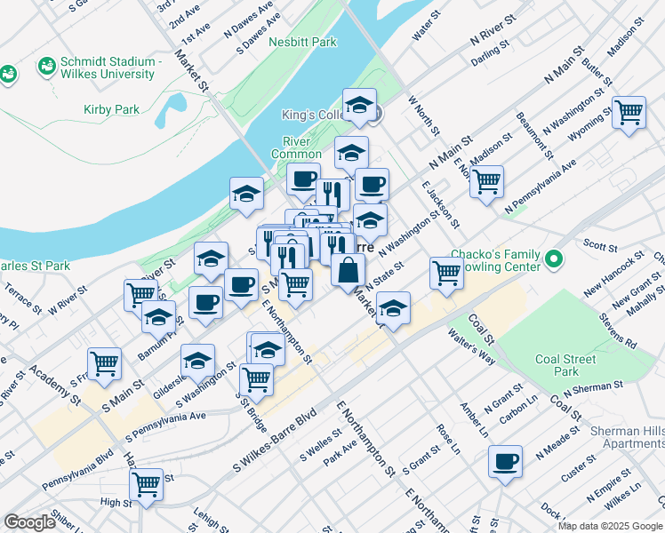 map of restaurants, bars, coffee shops, grocery stores, and more near 71 Public Square in Wilkes-Barre