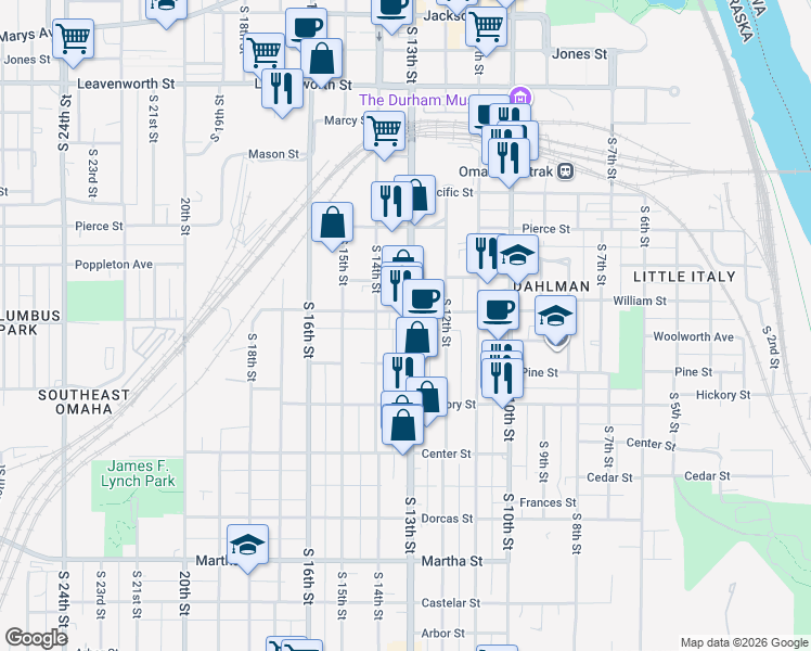 map of restaurants, bars, coffee shops, grocery stores, and more near 1317 William Street in Omaha