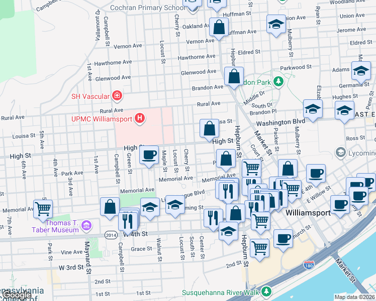 map of restaurants, bars, coffee shops, grocery stores, and more near 511 High Street in Williamsport