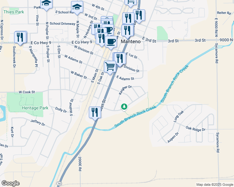 map of restaurants, bars, coffee shops, grocery stores, and more near 200 South Locust Street in Manteno