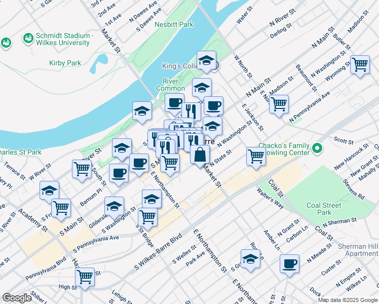 map of restaurants, bars, coffee shops, grocery stores, and more near in Wilkes-Barre